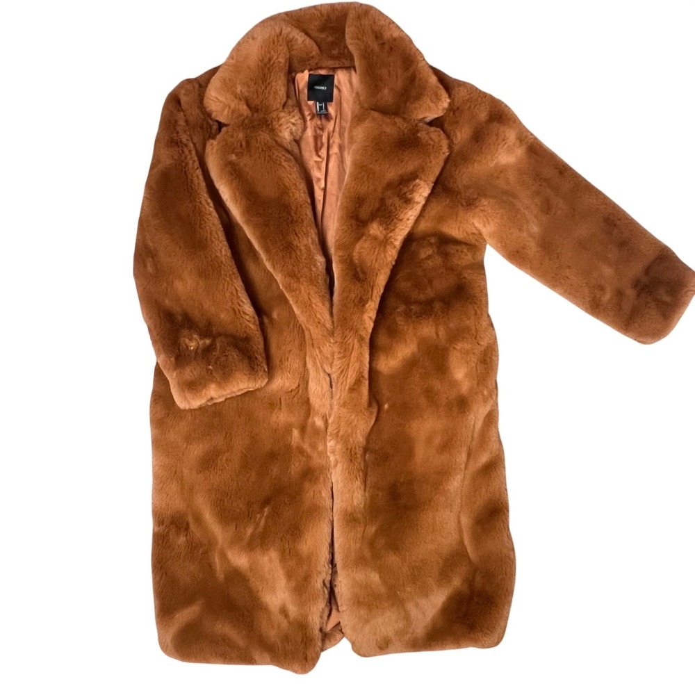 Forever 21 Faux Fur Long Coat Rust Orange Shawl Collar Belted Womens Large Funky